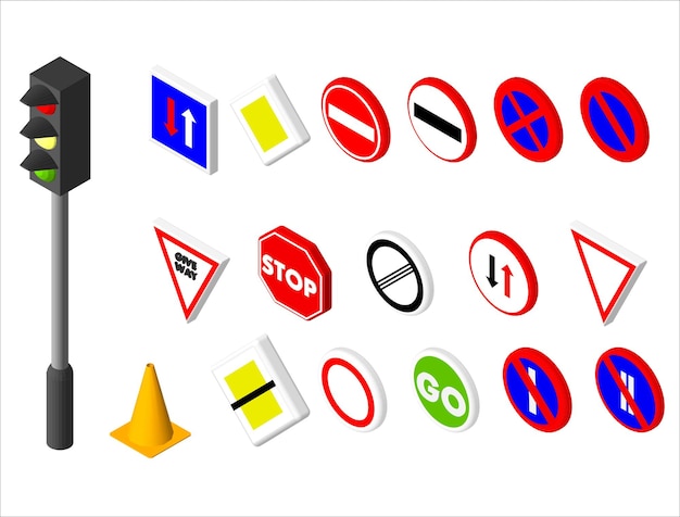 Ícones isométricos vários sinais de trânsito e semáforos. design de estilo europeu e americano. ilustração em vetor eps 10.