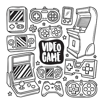 Ícones jogo vídeo mão desenhada doodle colorir