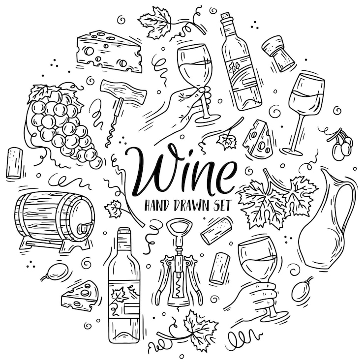 Vetor ícones lineares com vinho e queijo em estilo doodle para o menu