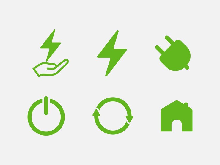 Vetor ícones lineares de fontes de energia, conjunto de ícones de nível de carga, estilo plano, ícones vetoriais, folha de árvore, ecologia, natureza