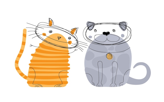 Ícones lineares de gato e cachorro. vector animais de estimação silhuetas em estilo de linha fina. logo de cachorro e gato