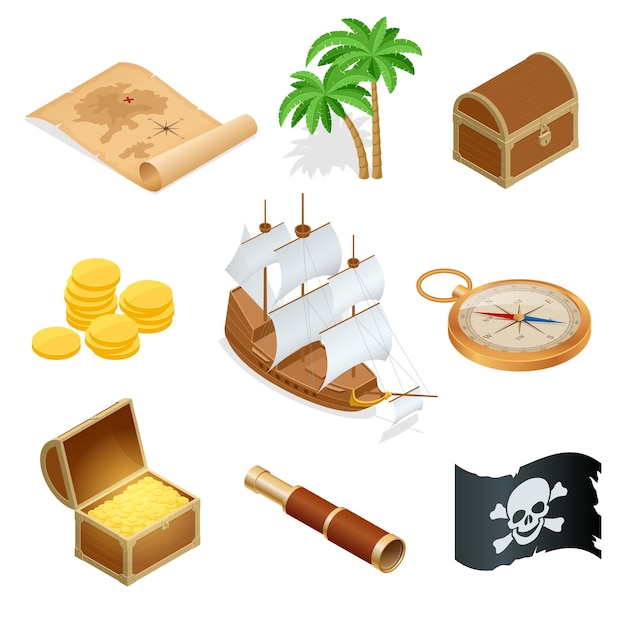 Ícones lisos dos acessórios isométricos do pirata. Coleção com baú de madeira e bandeira preta jolly roger. Ilustração vetorial.