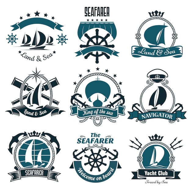 Vetor Ícones marinhos para design de viagens marítimas de esporte à vela