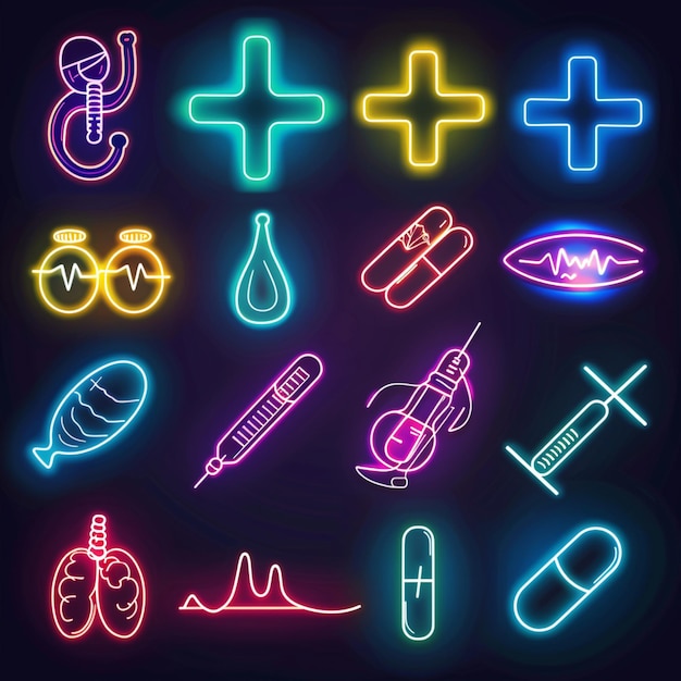 Ícones médicos set vector neon