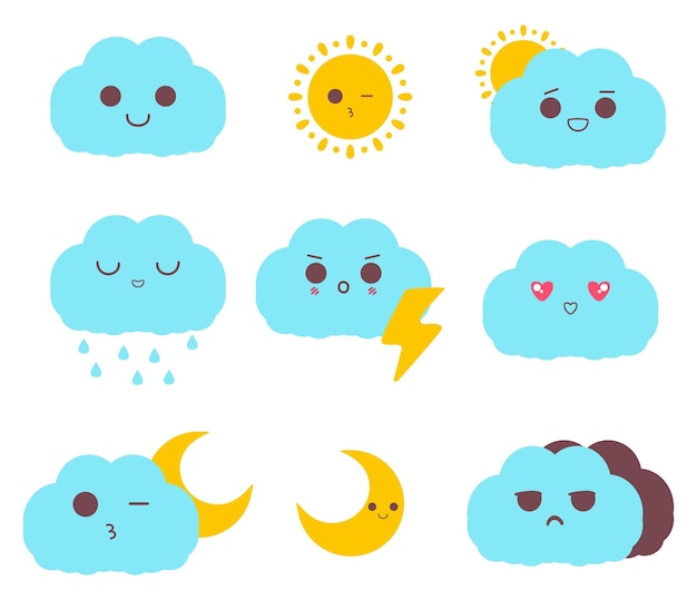 Ícones meteorológicos com doodle de nuvem e desenho vetorial de sol