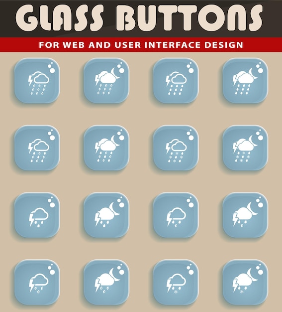 Ícones meteorológicos em botões de vidro para design de interface de usuário