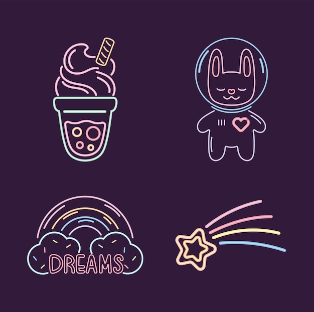 Ícones neon kawaii