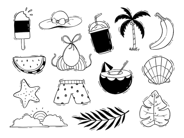 Ícones ou elementos bonitos do verão do doodle no fundo branco