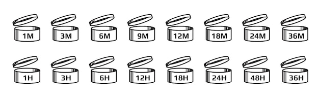 Ícones pao período após símbolos ou pictogramas do período de validade aberto etiquetas vetoriais de vida útil do produto cosméticos melhor uso antes do símbolo ou período de meses de frescor sinais de frascos abertos