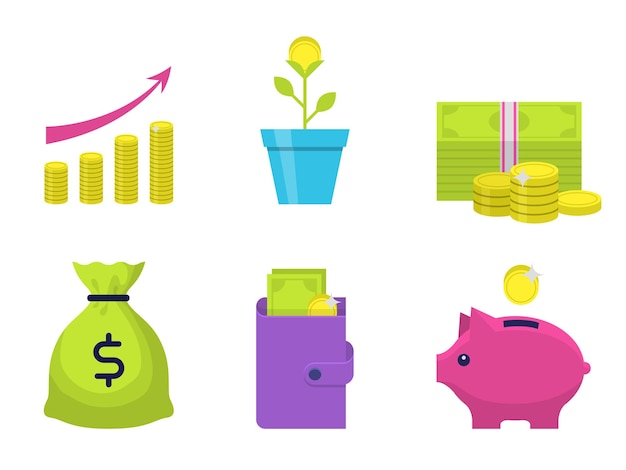 Ícones planos de dinheiro conjunto ícones modernos com moedas de dinheiro porquinho e carteira elementos de interface em design plano banco e ilustração vetorial de comércio isolado em fundo branco