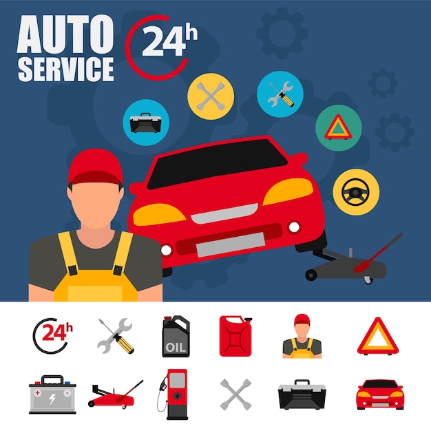 Ícones planos de serviço mecânico de automóveis de reparação e trabalho de automóveis de manutenção