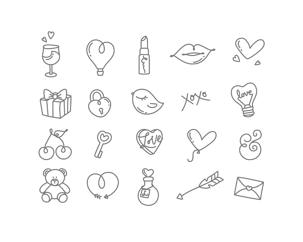 Ícones planos desenhados à mão no dia dos namorados no fundo branco.