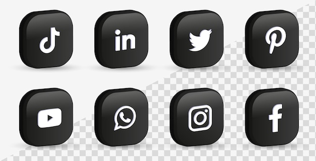 Ícones populares de mídia social em botões pretos 3d ou logotipos de plataformas de rede