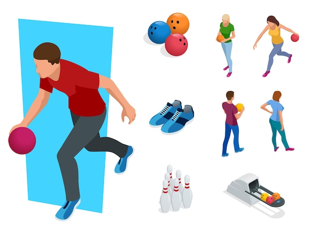 Ícones realistas de boliche isométrico definidos com equipamento de jogo, mesas de café, prateleiras para sapatos, boliche e ilustração vetorial isolada de bolas. Pessoas, lazer, esporte e entretenimento.