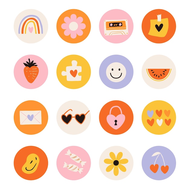 Ícones redondos de elementos groovy hippie estilo dos anos 70 Conjunto de vetores de vários destaques de itens no estilo cartoon retrô Margarida flores morango amor sol óculos arco-íris melancia etc