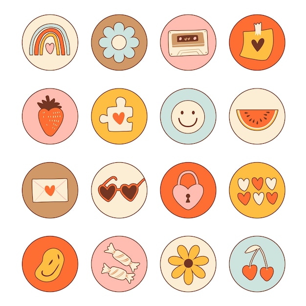 Ícones redondos de elementos groovy hippie estilo dos anos 70 Conjunto de vetores de vários destaques de itens no estilo cartoon retrô Margarida flores morango amor sol óculos arco-íris melancia etc