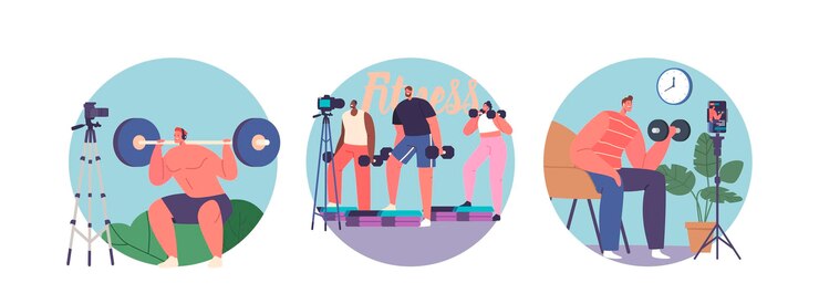 Vetor ícones redondos isolados ou avatares de exercícios de poder os personagens do tutor conduzem exercícios dinâmicos, oferecendo dicas motivacionais e inspirando para abraçar o estilo de vida saudável pessoas dos desenhos animados ilustração vetorial