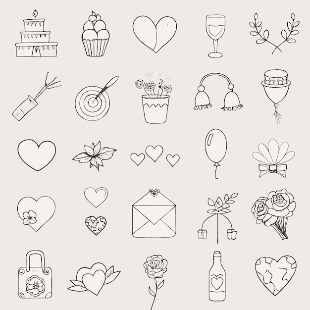 ícones românticos desenhados à mão e elementos para desenhos de casamento