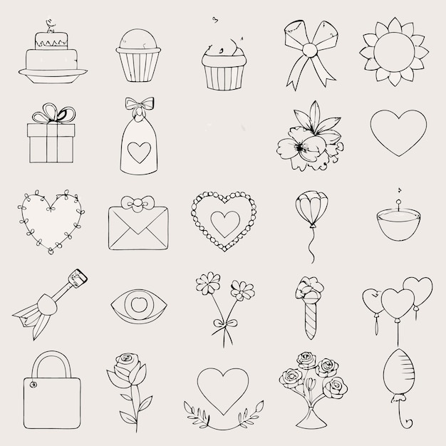 ícones românticos desenhados à mão e elementos para desenhos de casamento