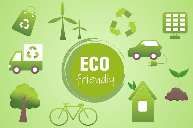 Ícones simbolizando reciclagem ecoconsumo fontes de energia ambientalmente amigáveis e renováveis ilustração vetorial plana