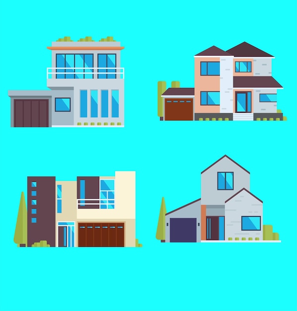 Ícones vetoriais de construção de casas Casa de aldeia Cottage e vila Mansion Bungalow e townhouse