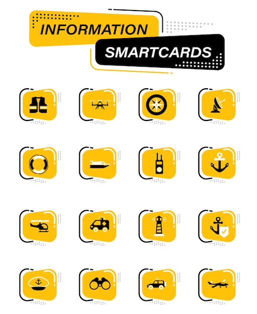 Ícones vetoriais de cores da Guarda Costeira em cartões inteligentes de informações para design de interface de usuário