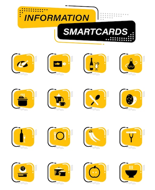 Ícones vetoriais de cores de comida e cozinha em cartões inteligentes de informações para design de interface de usuário