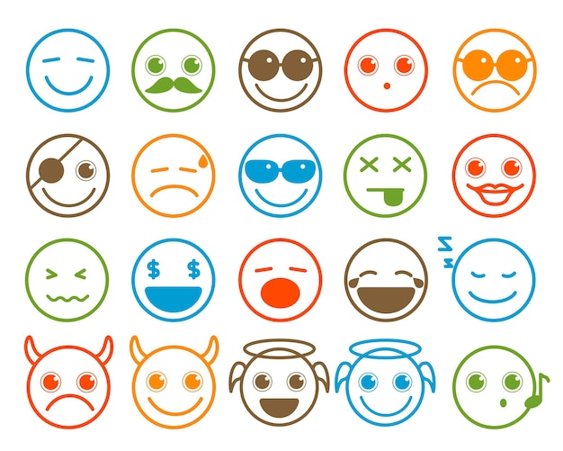 Ícones vetoriais de emoticon definidos no botão de círculo de linha plana com expressão facial colorida