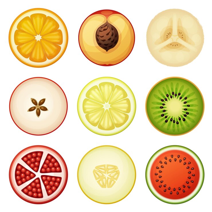 Vetor ícones vetoriais de fatias de frutas isoladas em fundo branco ilustração de meias cortadas de frutas redondas frescas