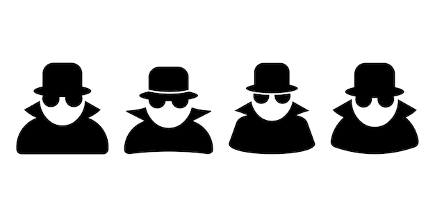 Vetor Ícones vetoriais definidos com espião, agente, detetive, hacker, máfia, inspetor. mafioso anônimo.