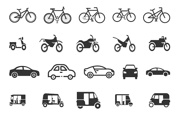 Icônico de transporte de bicicleta, carro, motocicleta e auto-rickshaw