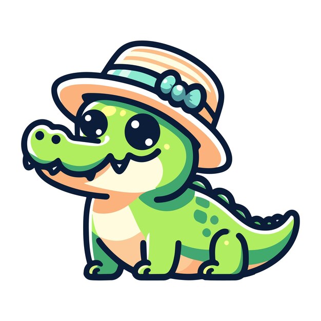 Icono de personagem bonito crocodilo vestindo chapéu de moda