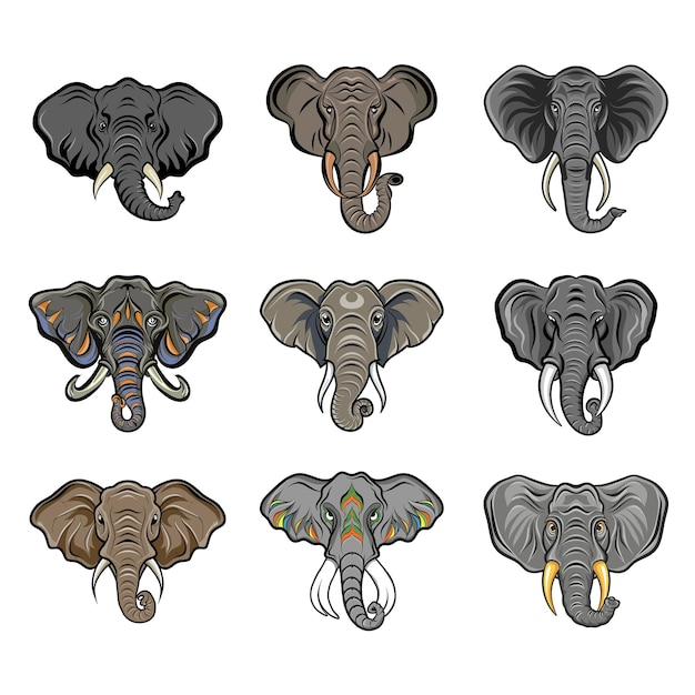 Vetor iconos de coleção de cabeças de animais de desenho animado de elefante ilustração vetorial