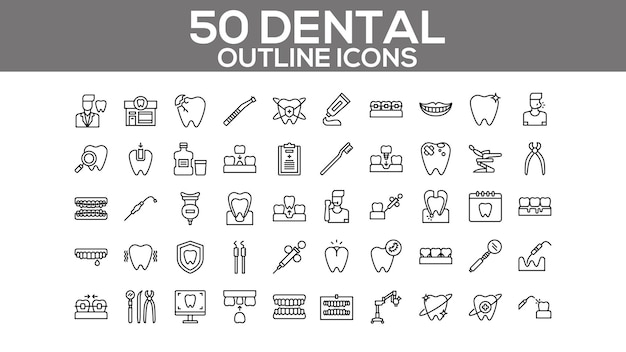 Iconos de contorno dentário Conjunto vetorial de odontologia profissional