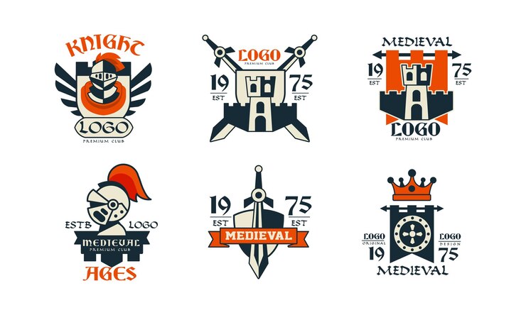 Vetor idade média e design de logotipo de clube premium medieval com conjunto vetorial de armaduras de espada e cavaleiro