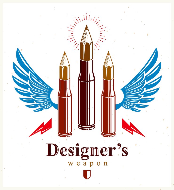 Vetor idea é um conceito de arma, arma de um designer ou alegoria de artista mostrada como um estojo de cartucho de arma de fogo alado com lápis em vez de bala, poder criativo, logotipo vetorial ou ícone.