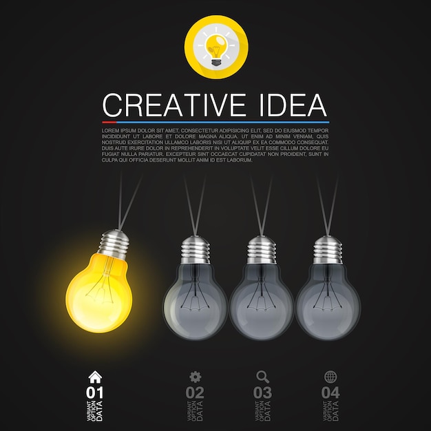 Idéia criativa, lâmpada idea, fundo preto claro,
