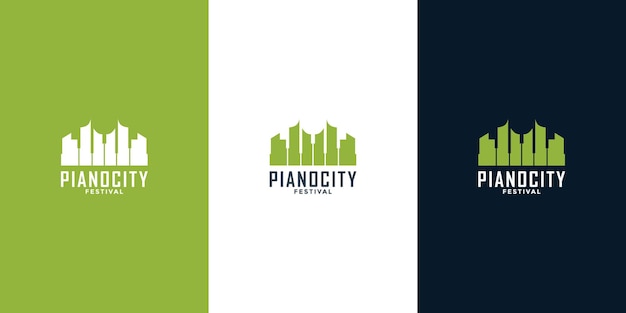 Ideia de design de logotipo para piano e arranha-céus urbanos