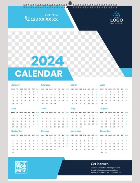 Ideia de design de modelo de calendário de parede de página única para 2024