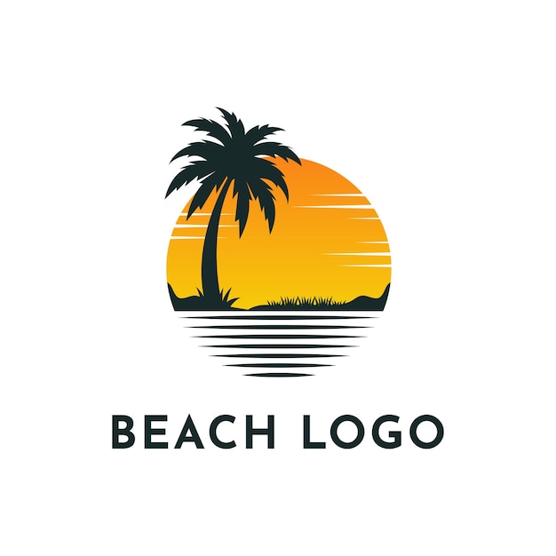 Ideia de design do logotipo da praia com palmeira e sol