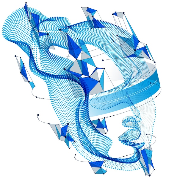 Ideia futurista da alma do software digital da máquina, espírito do período de evolução do tempo tecnocrático, ilustração vetorial de cabeça humana feita de matriz de fluxo de partículas pontilhadas.