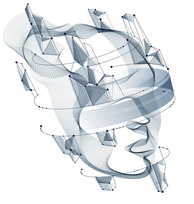 Vetor ideia futurista da alma do software digital da máquina, espírito do período de evolução do tempo tecnocrático, ilustração vetorial de cabeça humana feita de matriz de fluxo de partículas pontilhadas.