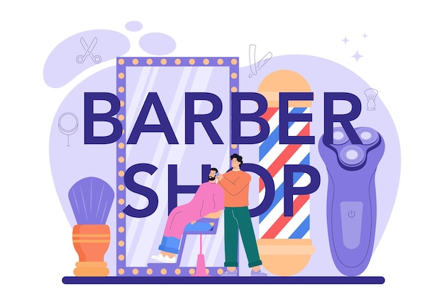 Idéia tipográfica de cabeçalho de barbearia de corte de cabelo para cuidados com a barba e cabelo