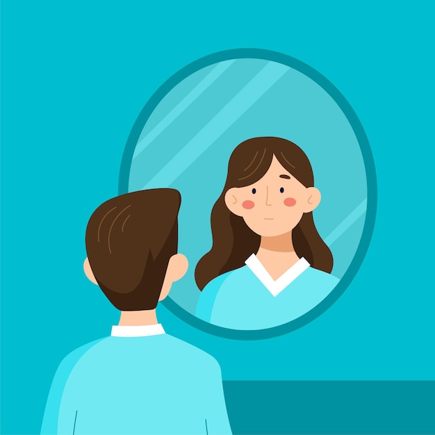 Vetor identidade de gênero com a pessoa olhando no espelho