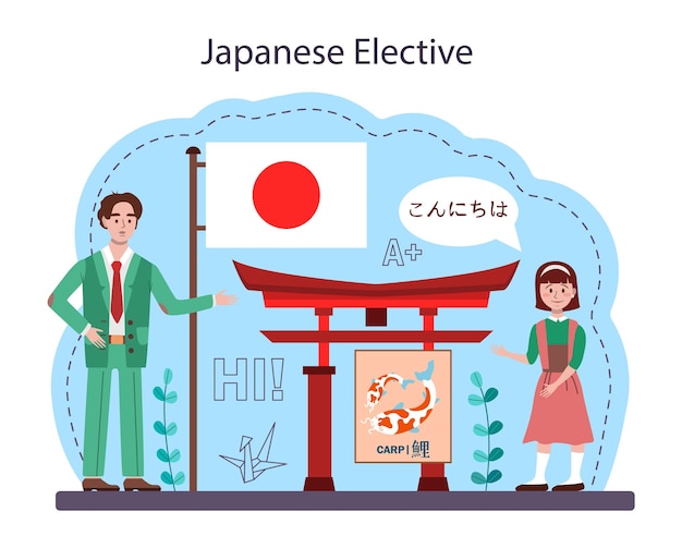 Vetor idioma japonês. curso da escola de japonês. estude línguas estrangeiras com falante nativo. idéia de comunicação global. ilustração vetorial no estilo cartoon