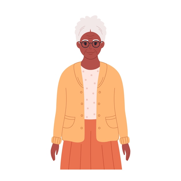 Vetor idosa afro-americana de cabelos grisalhos em óculos e pano estiloso. vovó sênior sorridente