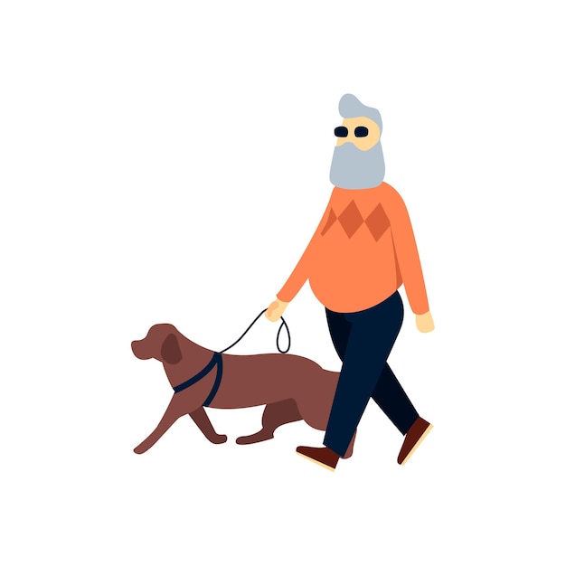 Idoso cego com cão-guia. Visão prejudicada do velho. Idoso com cegueira ao caminhar.