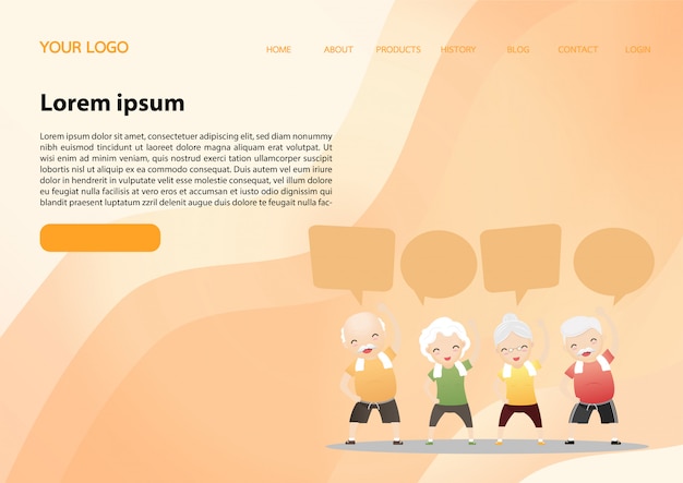 Idoso fazendo exercício com discurso bolhas landing page