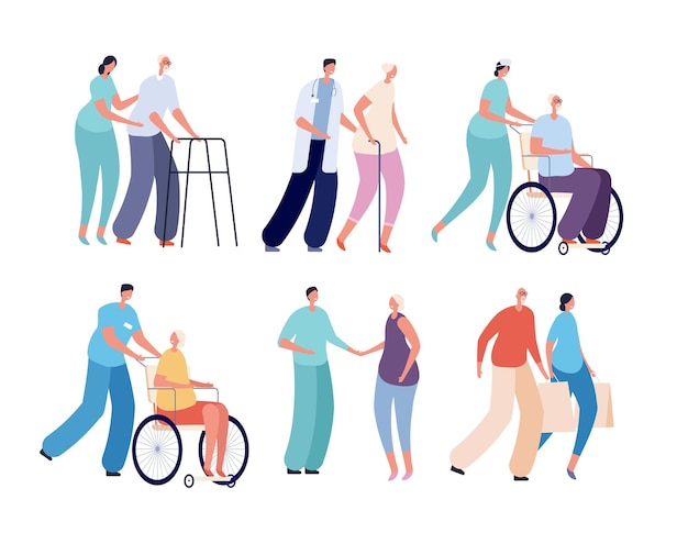 Idosos amamentando. Voluntários sorridentes, cuidado de idosos e pessoas com deficiência. Trabalhadores dos serviços de saúde. Conjunto de vetores de idosos e enfermeiras. Pessoas idosas e voluntários ajudam a ilustração