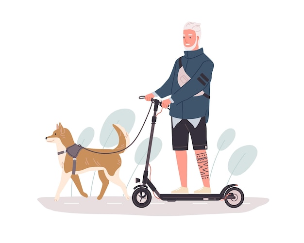 Idosos ativos andando com cachorro e andando de scooter elétrica. homem sênior barbudo moderno dirigindo o transporte urbano eco. ilustração em vetor plana colorida isolada no fundo branco.